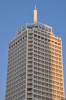 The Dubai World Trade Center in Dubai, UAE. The complex comprises the original tower (built in 1978), The 39-story office tower stands 489 ft tall.