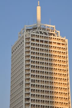 The Dubai World Trade Center in Dubai, UAE. The complex comprises the original tower (built in 1978), The 39-story office tower stands 489 ft tall.