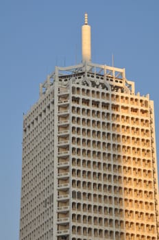 The Dubai World Trade Center in Dubai, UAE. The complex comprises the original tower (built in 1978), The 39-story office tower stands 489 ft tall.