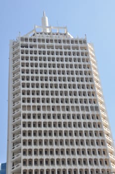 The Dubai World Trade Center in Dubai, UAE. The complex comprises the original tower (built in 1978), The 39-story office tower stands 489 ft tall.