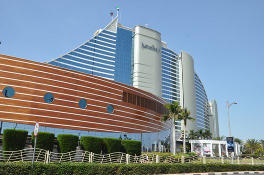 Jumeirah Beach Hotel in Dubai, UAE. This wave-shaped hotel complements the sail-shaped Burj Al Arab, which is adjacent to it.