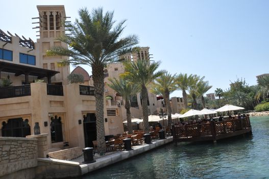 Madinat Jumeirah Arabian Resort in Dubai, UAE. It is the largest resort in Dubai, spreading across 40 hectares of landscapes and gardens.