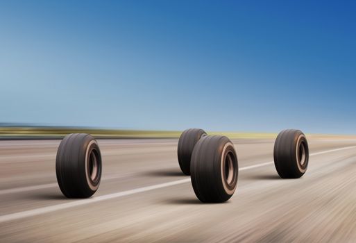 four automobile wheels rush on the road with high speed