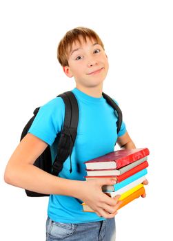 Kid with the Books Isolated on the White Background