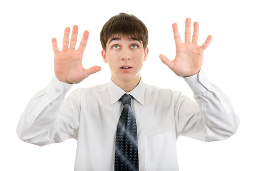 Teenager show the Palms on the White Background