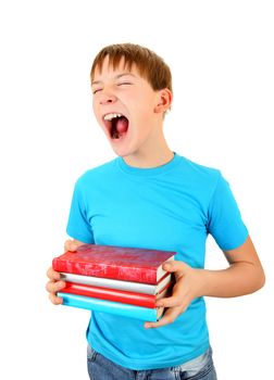 Schoolboy with the Books Yawning Isolated on the White Background