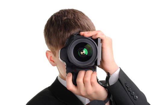 Teenager with Photo Camera Isolated on the White Background