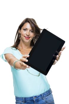 Close up Pretty Young Woman Browsing at her Black Tablet Computer, Isolated on White Background.