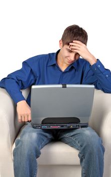 Stressed Teenager with Laptop on the White Background