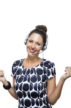 Close up Portrait of Happy Pretty Woman in a Printed Clothing Wearing Headset While Looking at the Camera. Isolated on White.