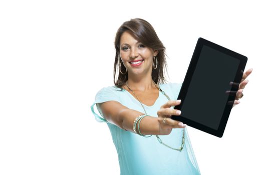 Close up Pretty Young Woman Browsing at her Black Tablet Computer, Isolated on White Background.