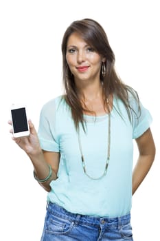Portrait of Pretty Happy Woman in Casual Clothing Looking Something at her Mobile Phone on Hand. Captures in Studio with White Background.