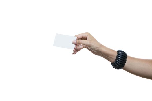 Portrait of Smiling Long Hair Woman in Nice Printed Dress Holding her Name Tag While Looking at the Camera. Isolated on White Background.