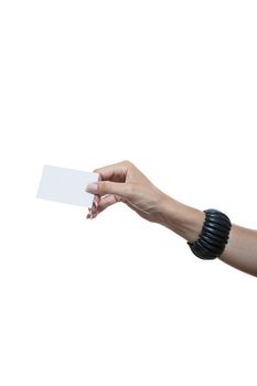 Portrait of Smiling Long Hair Woman in Nice Printed Dress Holding her Name Tag While Looking at the Camera. Isolated on White Background.