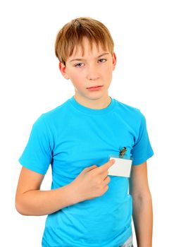 Sad Kid with the Empty Badge on t-shirt Isolated on the White Background