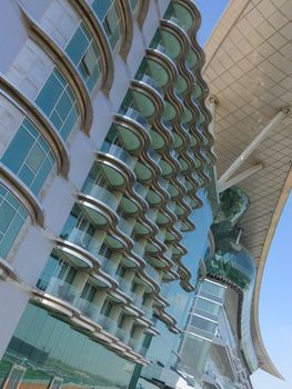 Meydan Hotel in Dubai, UAE. The Meydan is the worlds first 5-star trackside hotel with 285 rooms, 2 race tracks and the Grandstand.