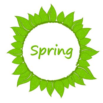 spring round wreath from green leaves like flower with text