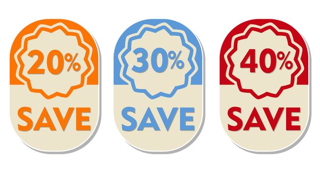 20, 30, 40 percent off save text banners, three elliptic flat design labels, business shopping concept
