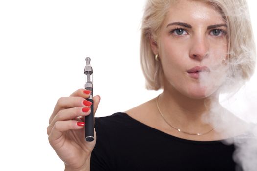 Close up Serious Facial Expression of a Young Blond Woman Smoking Using E- Cigarette on a White Background