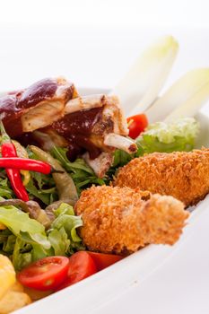 Wholesome platter of mixed meats including grilled steak, crispy crumbed chicken and beef on a bed of fresh leafy green mixed salad served with French fries and chutney or BBQ sauce in a dish