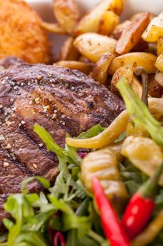 Wholesome platter of mixed meats including grilled steak, crispy crumbed chicken and beef on a bed of fresh leafy green mixed salad served with French fries and chutney or BBQ sauce in a dish