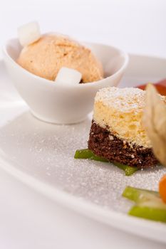 Gourmet coffee and chocolate blanc mange with a colourful ripe Cape gooseberry and sliced carambola or star fruit served on a plain white plate