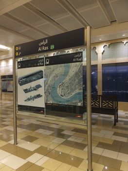 Al Ras Metro Station in Dubai, UAE. Dubai Metro a driverless network. Guinness World Records declared it the worlds longest fully automated metro network.