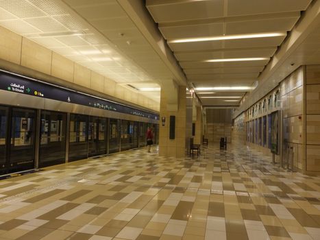 Al Ras Metro Station in Dubai, UAE. Dubai Metro a driverless network. Guinness World Records declared it the worlds longest fully automated metro network.