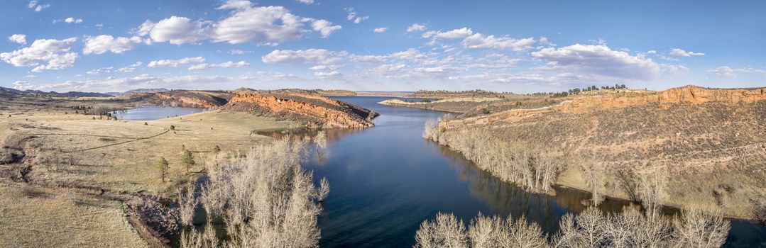 aerial panorama of Horsetooth Reservoir near Fort Collins, Colorado, early spring scenery with high water level