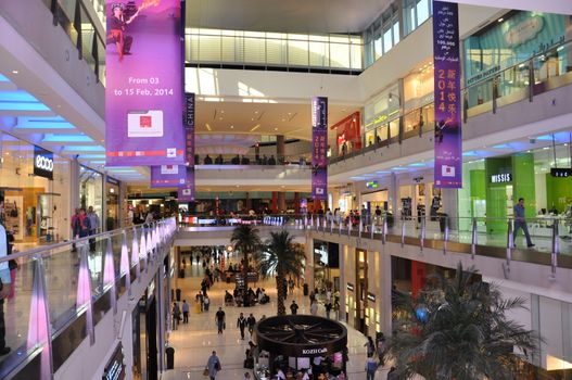 Dubai Mall in Dubai, UAE. At over 12 million sq ft, it is the world's largest shopping mall based on total area and 6th largest by gross leasable area.