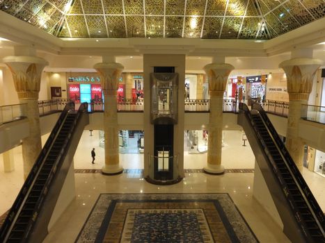 Wafi Mall in Dubai, UAE. Wafi City, styled after ancient Egypt, is a mixed-use development including a mall, hotel, restaurants, and residences.