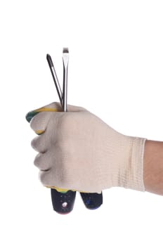 Screw-drivers in a man's hand on white 