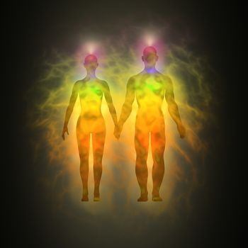 Picture of human aura. Silhouette with aura and chakras. Theme of healing energy, connection between the body and soul.
