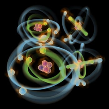 Computer generated 3D picture of planetary model of atom on black
background. There are protons, neutrons and electrons on orbits.
