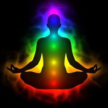 Illustration of human energy body, aura, chakra in meditation