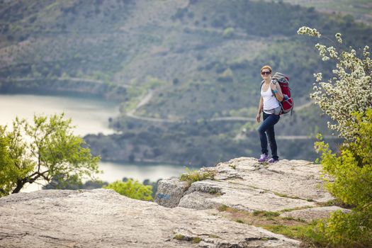 Woman traveller standing on cliff against beautiful valley view and smiling