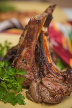 Grilled organic veal fillet on yellow plate with salad