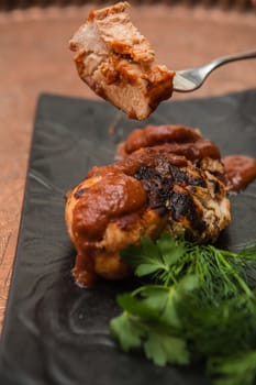 the cut chicken fillet baked in spices and tomato sauce,international kitchen