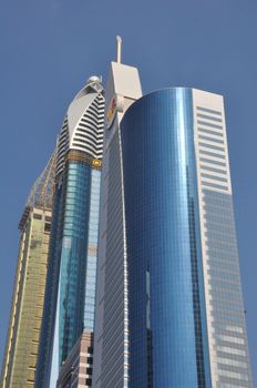 View of Sheikh Zayed Road skyscrapers in Dubai, UAE. The Sheikh Zayed Road (E11 highway) is home to most of Dubai's skyscrapers, including the Emirates Towers.