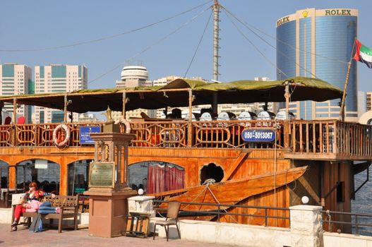 Boats, abras, dhows at Dubai Creek in the UAE. The creek still remains a significant trading hub for goods traded between Iran and The Arabian Peninsula.