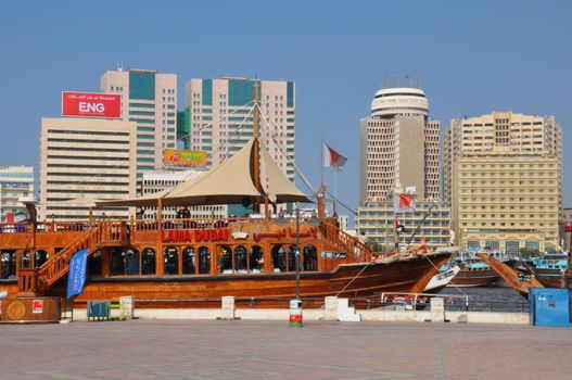 Boats, abras, dhows at Dubai Creek in the UAE. The creek still remains a significant trading hub for goods traded between Iran and The Arabian Peninsula.