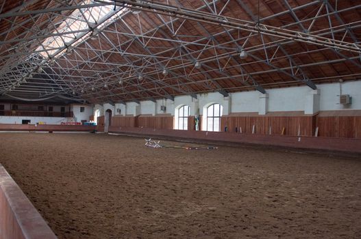 Indoor riding hall. Kaliningrad region. Russia. Preparing for competition horses.