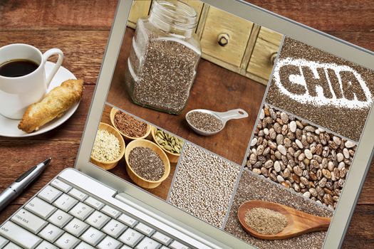 reviewing pictures of healthy chia seeds - image collage on laptop with a cup of coffee