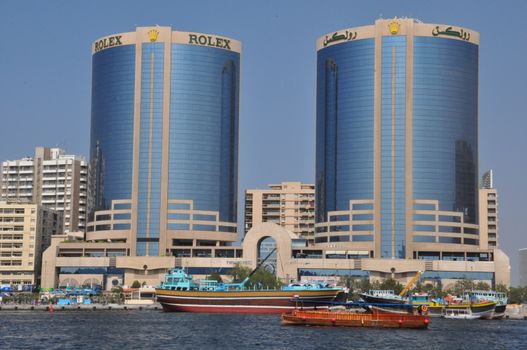The Twin Towers of Dubai Creek in Dubai, UAE. Also known as Rolex Towers, each building is 102 metres (335 ft) in height and has 22 floors.