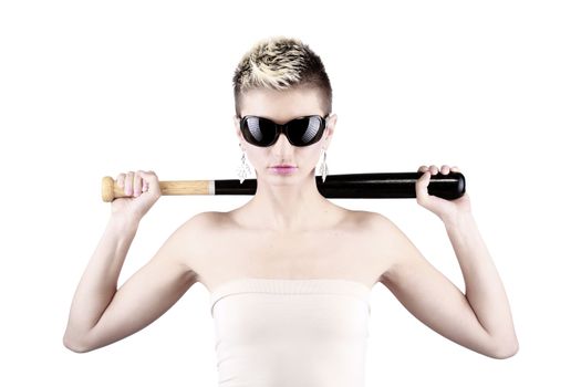 portrait of attractive caucasian girl with short hair holding baseball bat