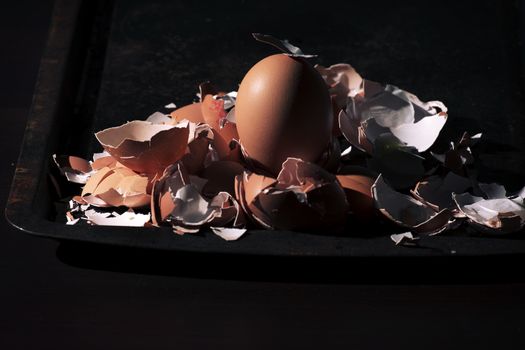 Low light with high contrast lighting of a bunch of eggs whole and crushed shells.