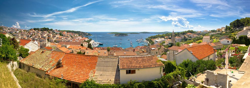 Town of Hvar old rooftops panorama, island in Dalmatia, Croatia
