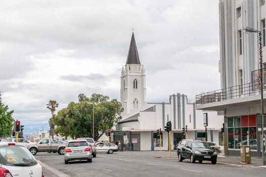 WORCESTER, SOUTH AFRICA - DECEMBER 2, 2014: Street scene in Worcester, Western Cape Province. The Rhenish Mission Church is visible