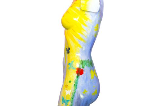 side of an multi colored artistic painted female mannequin torso with clipping path