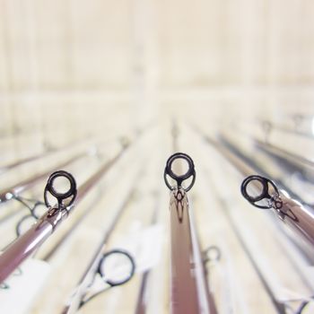 photo of row of fishing rods in store